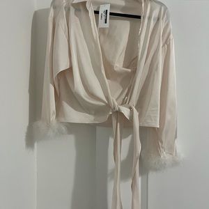 Beige/light pink/cream silk front tie blouse never worn